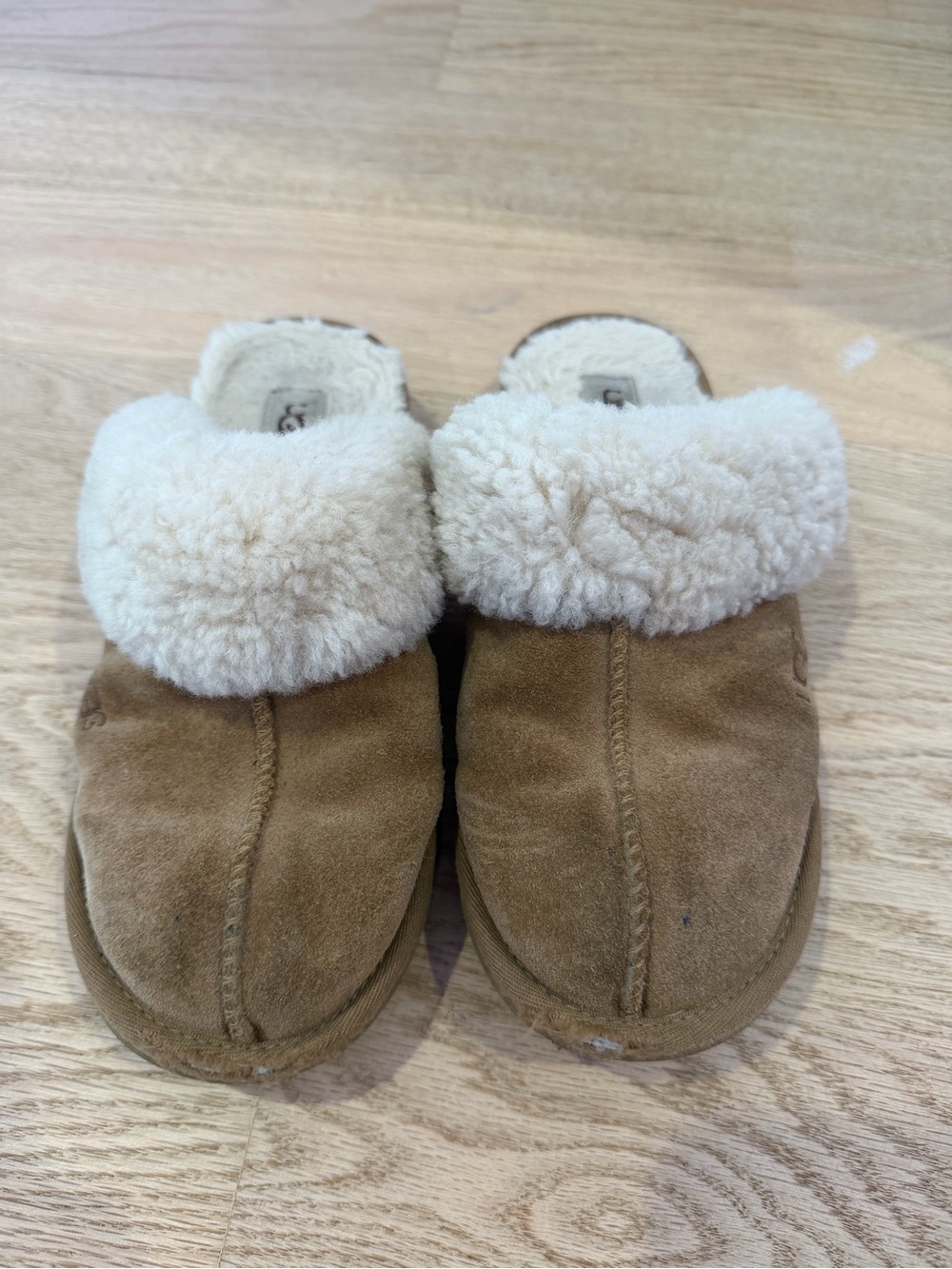 UGG Chestnut Suede Shearling Cuff Slippers - Cream Trim
